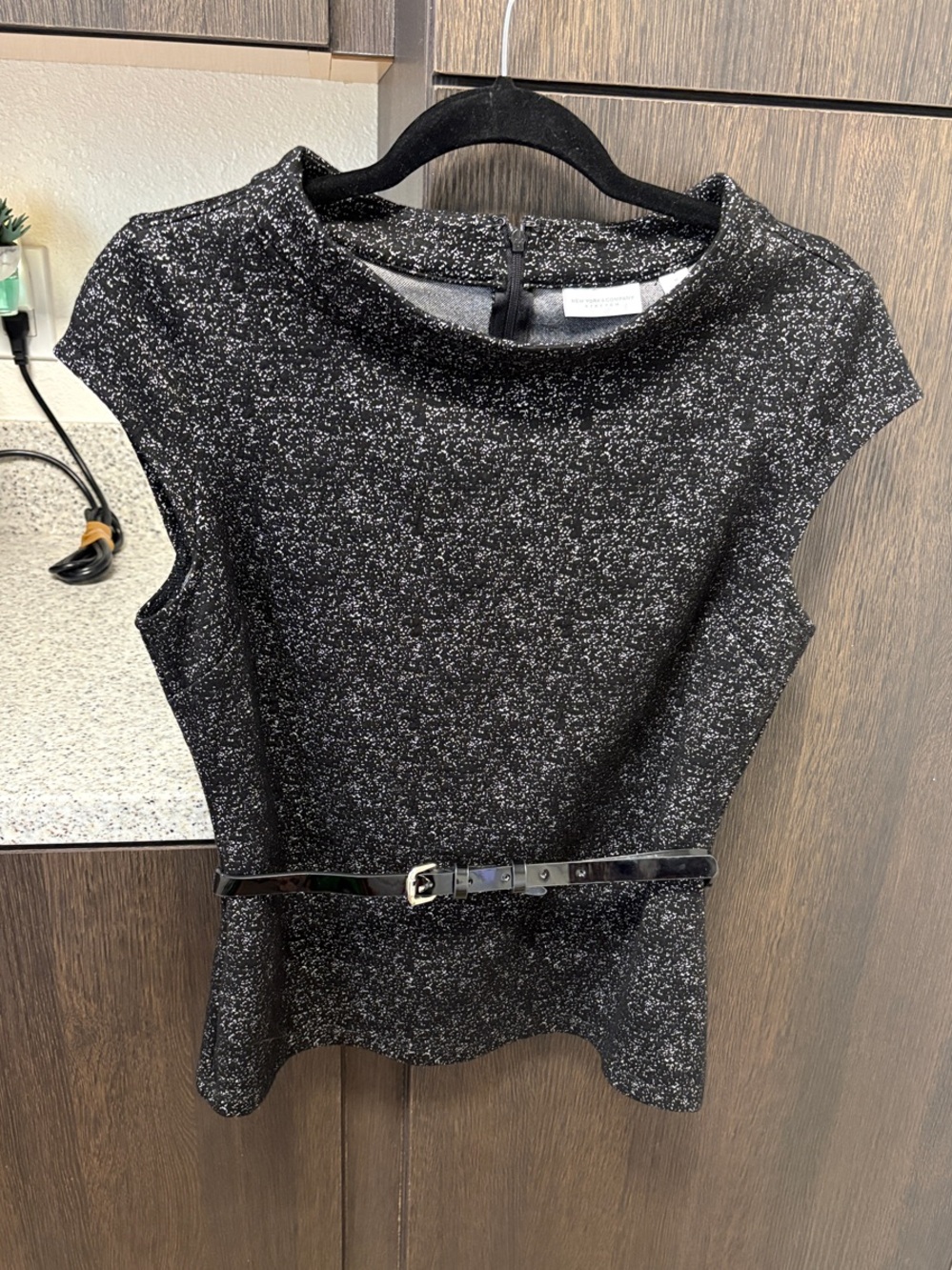New York & Company Black and White Speckled Cap-Sleeve Peplum Top with Belt